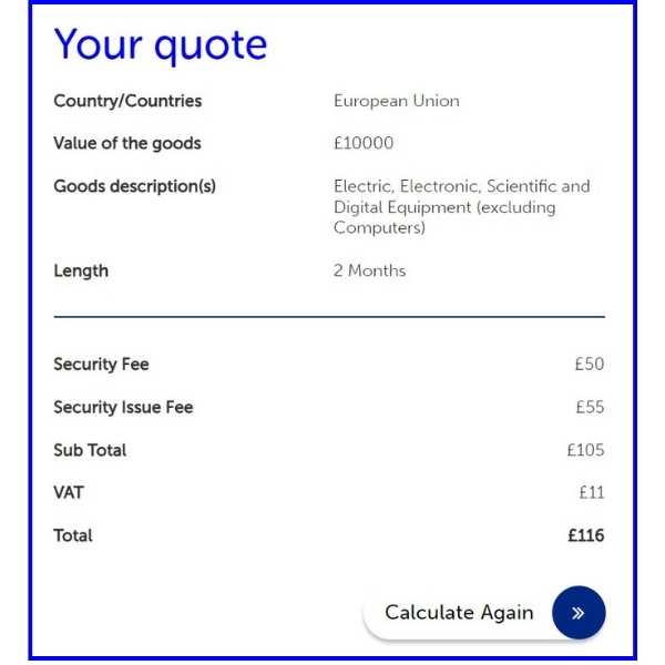 Business West ATA Carnet security calculator quote screenshot