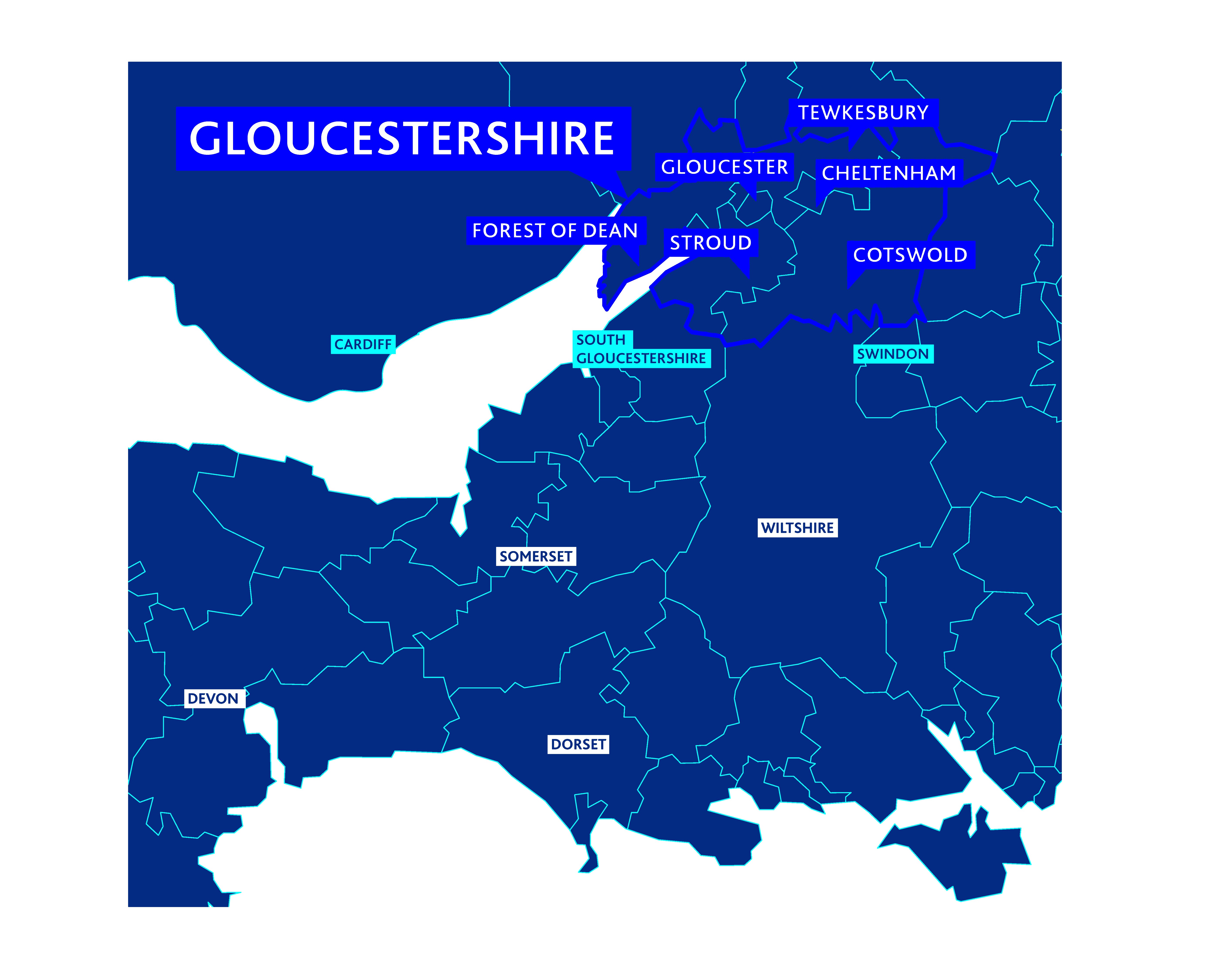 Image shows the region in Gloucestershire, following the Gloucestershire LEP region, that the LSIP will be focusing on.