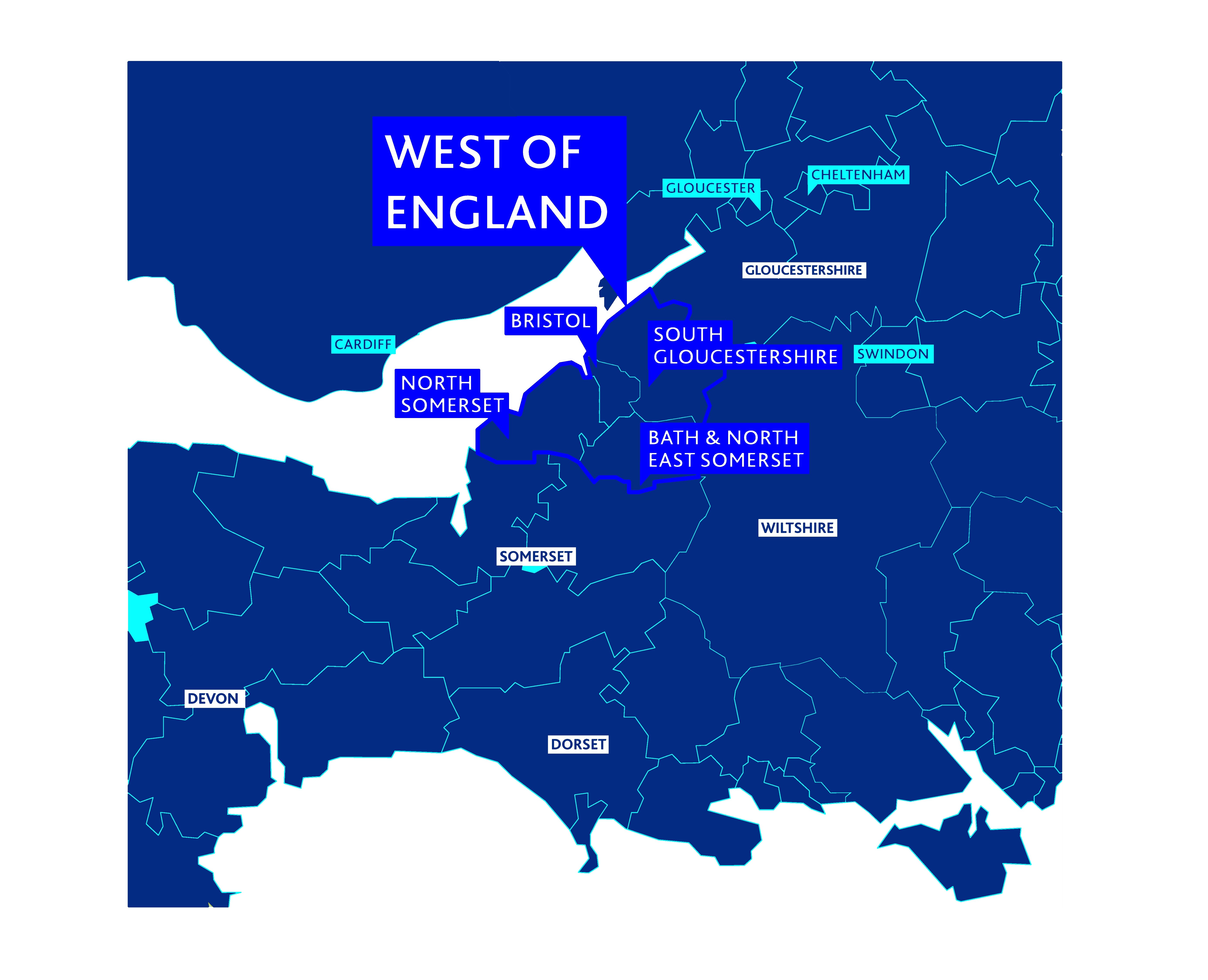 Image shows the region in the West of England, following the West of England LEP region, that the LSIP will be focusing on.