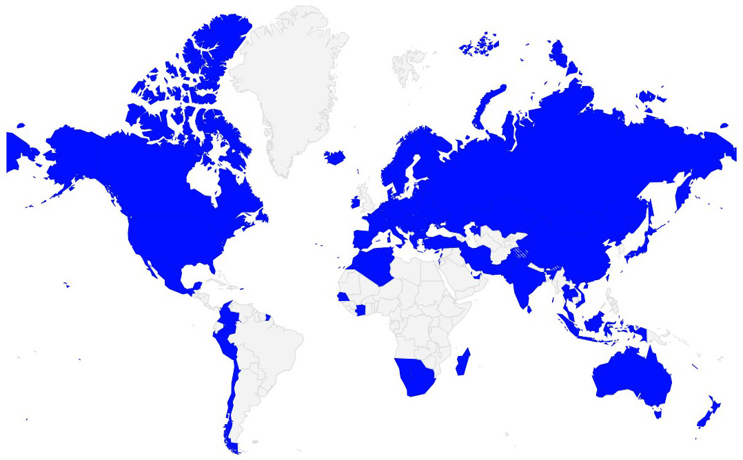 map of the world with some countries shaded blue indicating which countries are part of the ATA Carnet scheme
