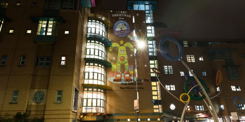 Christmas Wallace and Gromit projected on Bristol Childrens Hospital 