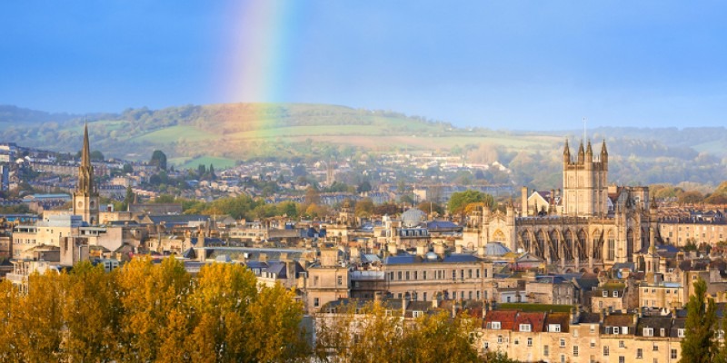 City of Bath with a rainbow soaring from it