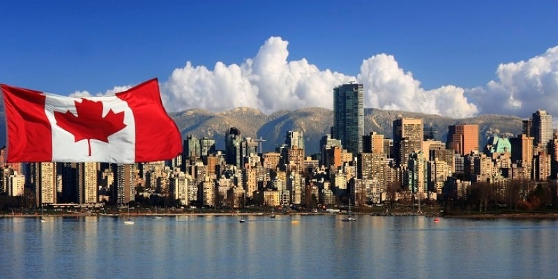 Canada flag in front of city