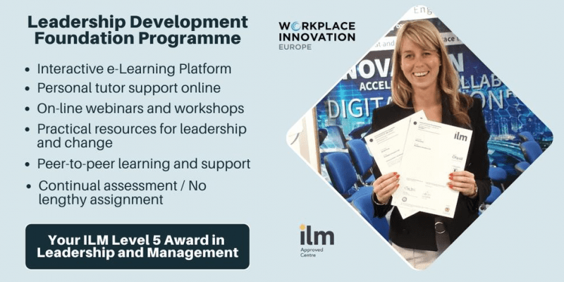 Poster titled "Leadership Development Foundation Programme", bullet points "Interative e-Learning Platform, Personal tutor support online, On-line webinars and workshops, Practical resources for leadership and change, Peer-topeer learning and support, Con