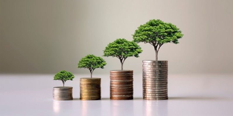Trees sprouting from piles of coins ascending