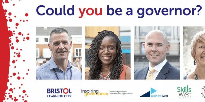 Headline "Could you be a governor?" images of two men and two women, and the following logos "Bristol Learning City, Inspiring Governance, BusinessWest, SkillsWest, and Bristol City Council"