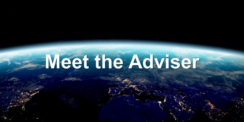 Meet the adviser text over a space shot of Earth