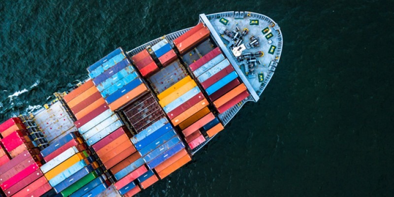 Birds eye view of a large ship of storage containers