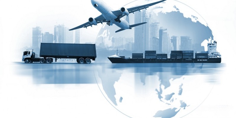 Lorry, plane, and shipping container in front of a city and Earth globe