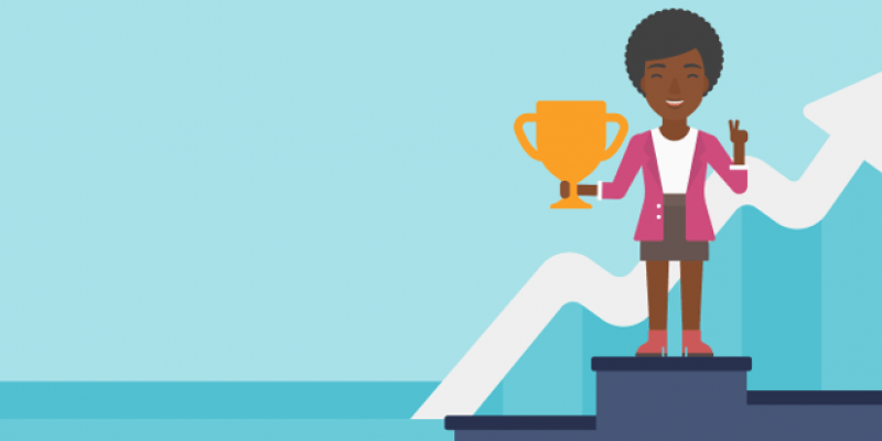 Illustration of a lady holding a trophy on a winning podium, an ascending arrow in the background