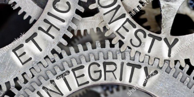 The words "Ethics", "Honesty", and "Integrity" engraved in cogs