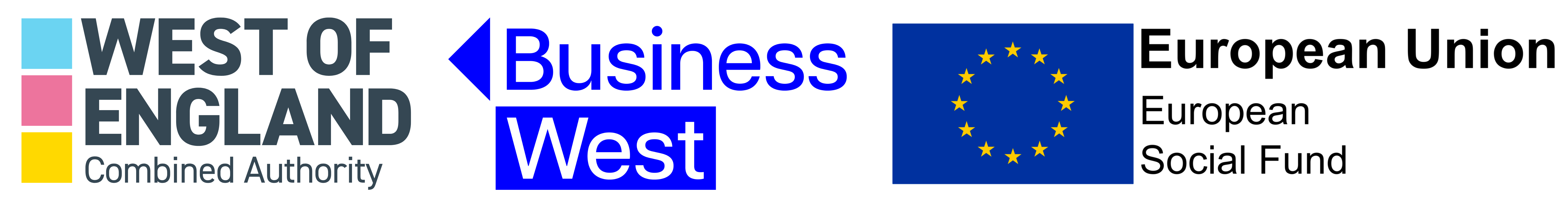 Logos of West of England, Business West, and European Union